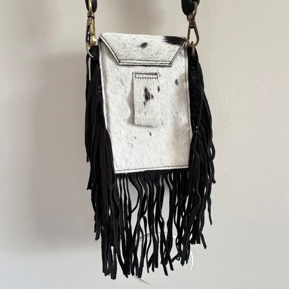 Genuine Hair-On Cowhide Fringe Crossbody & Belt Bag Black White Western Concho